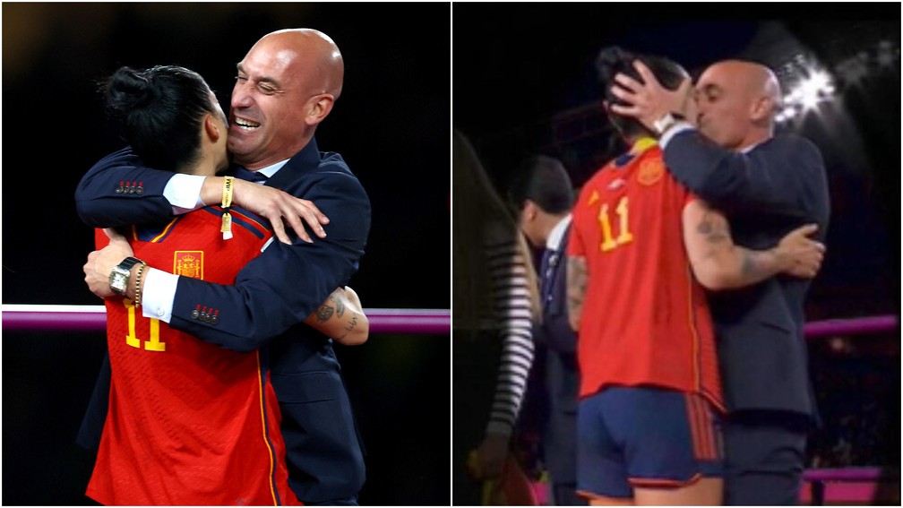 O presidente da Federação Espanhola de Futebol, Luis Rubiales, beijou a jogadora Jenni Hermoso durante a cerimônia de premiação da Copa do Mundo femina, em Sydney, na Austrália — Foto: Hannah Mckay/Reuters e Reprodução