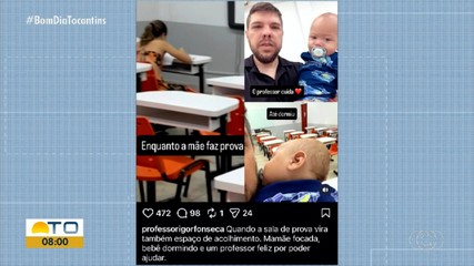Bebê dorme no colo de professor enquanto mãe faz prova em faculdade de Porto Nacional