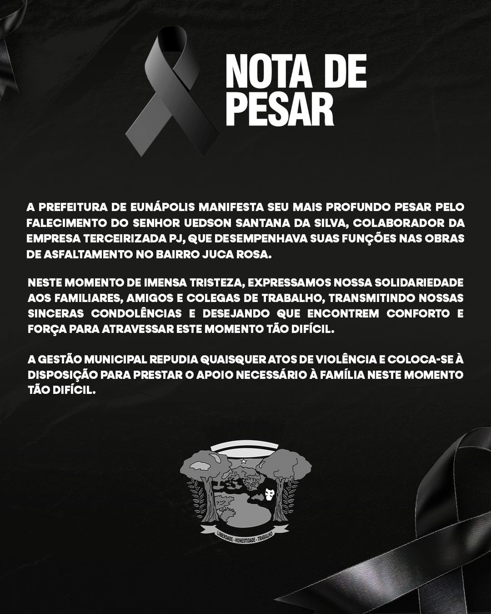 Prefeitura de Eunápolis lamentou a morte em nota — Foto: Redes sociais
