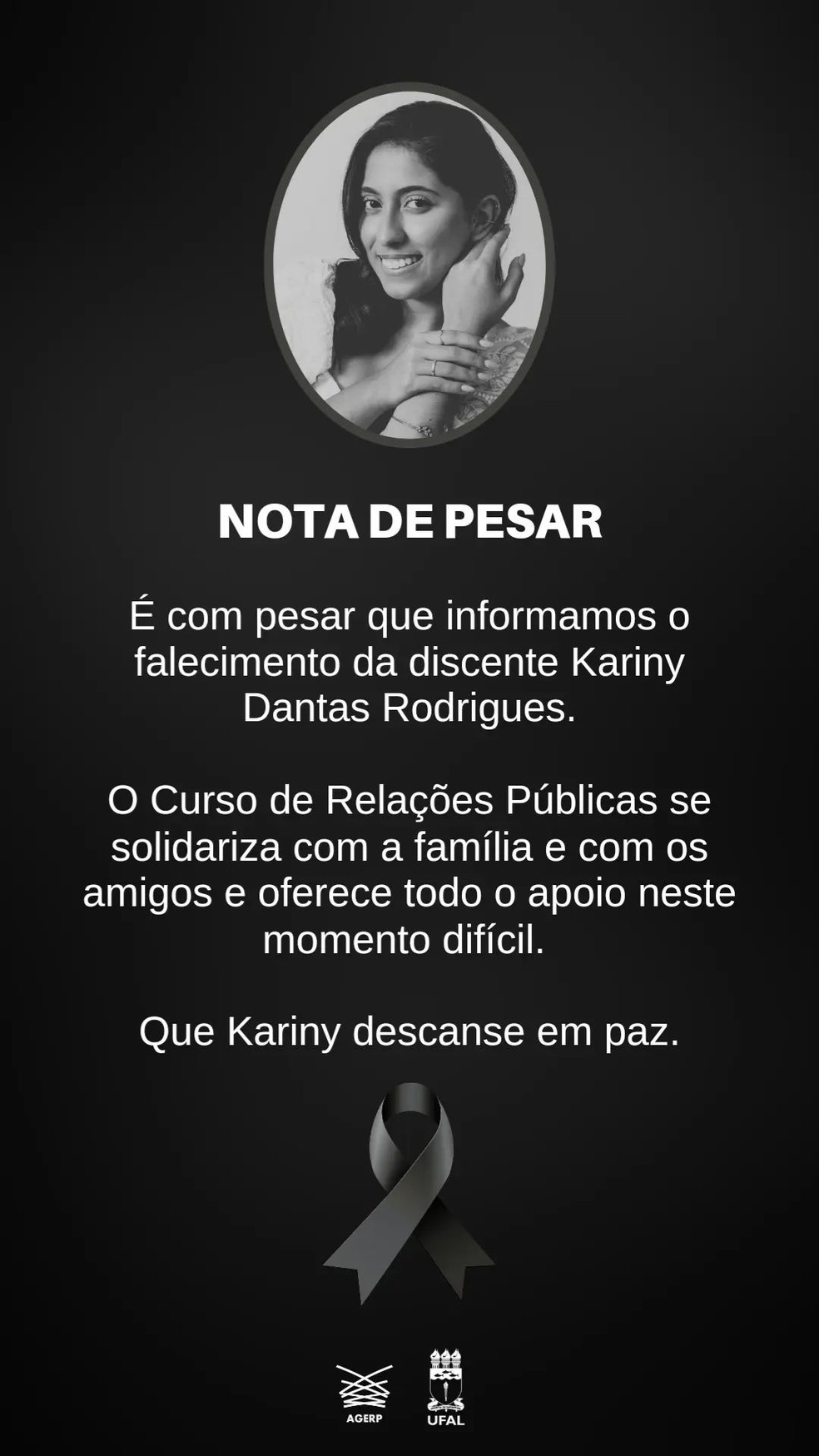 Curso de Relações Públicas da Ufal publica nota de pesar pela morte de aluna em acidente de trânsito em Maceió — Foto: Reprodução/Instagram