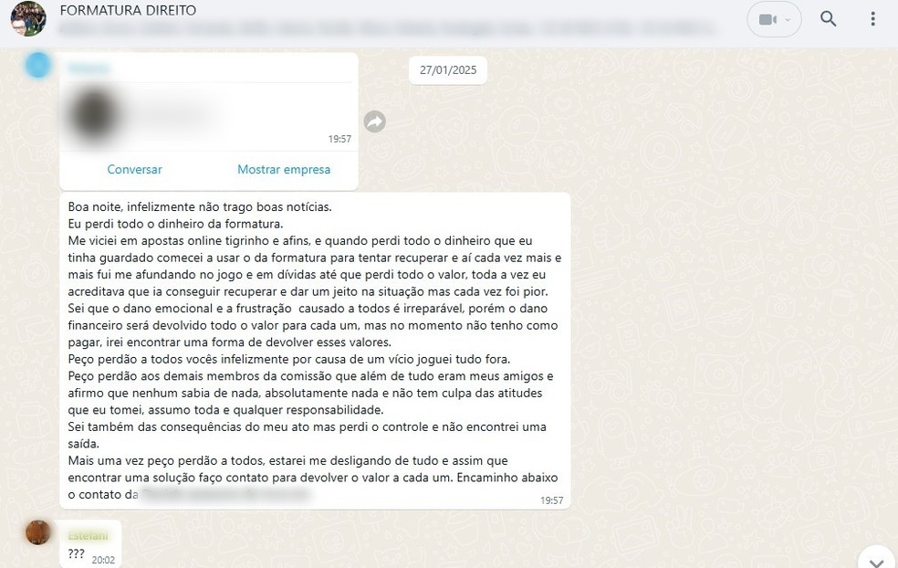 Suspeita escreveu em grupo de conversas que havia usado o dinheiro — Foto: Reprodução