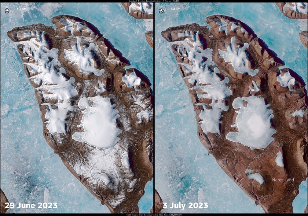Derretimento do gelo na Groenlândia entre 29 de junho e 3 de julho — Foto: União Europeia, Copernicus Sentinel-2