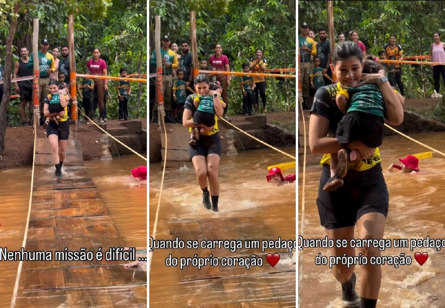 Vídeo de mãe atravessando ponte com filha no colo durante prova de corrida viraliza e divide opiniões na internet