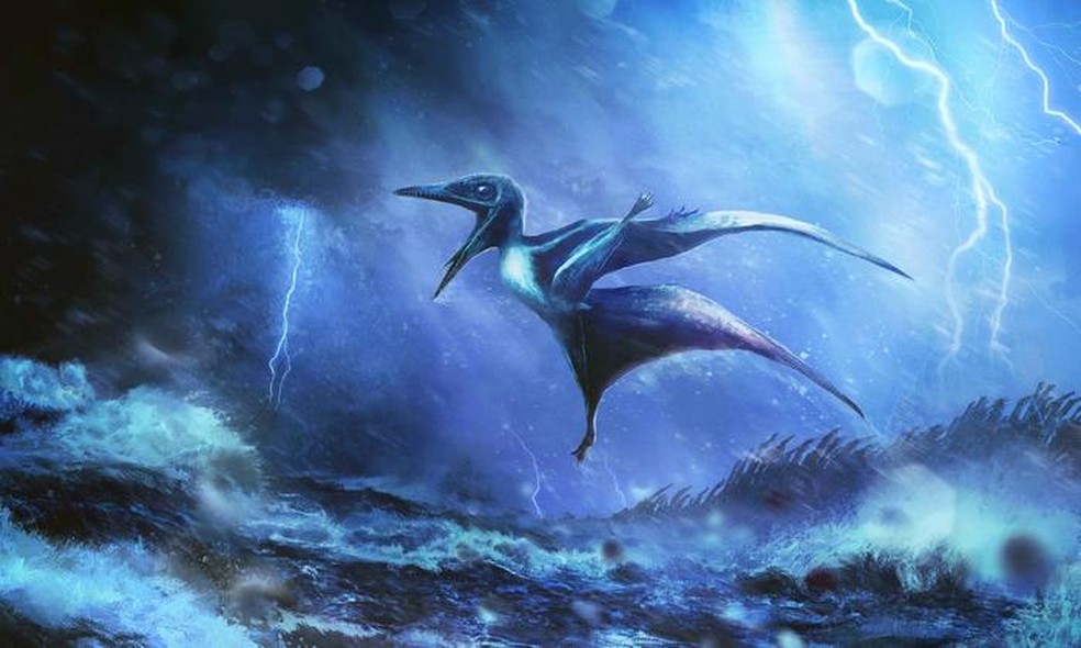 Reconstituição artística de um filhote de Pterodactylus em uma tempestade tropical.