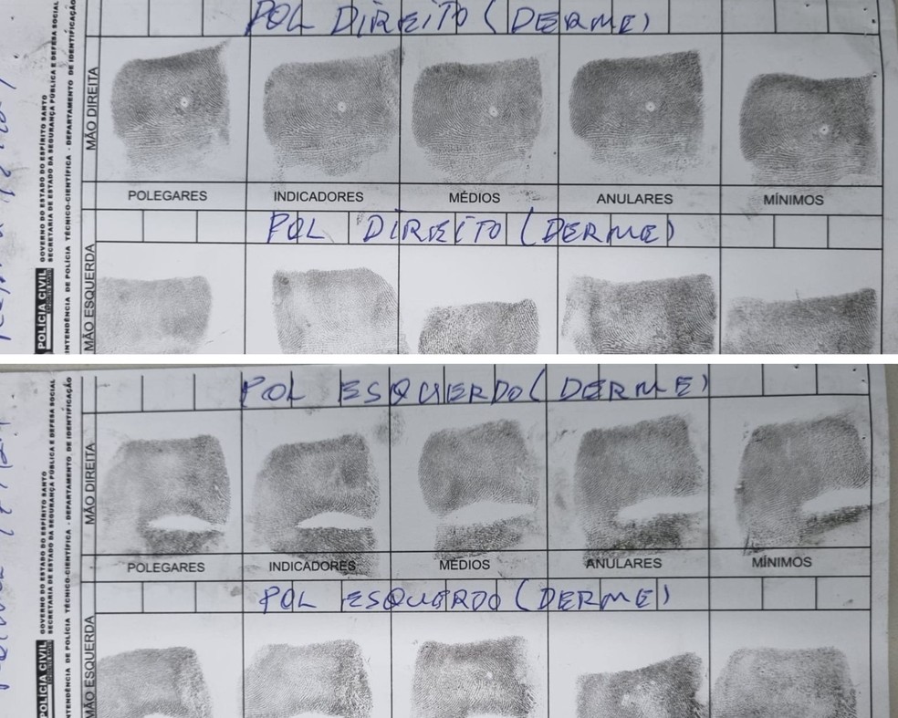 Pela primeira vez, foram colhidas digitais completas de Clarinha para realização de comparações. Espírito Santo. — Foto: Divulgação/PCIES