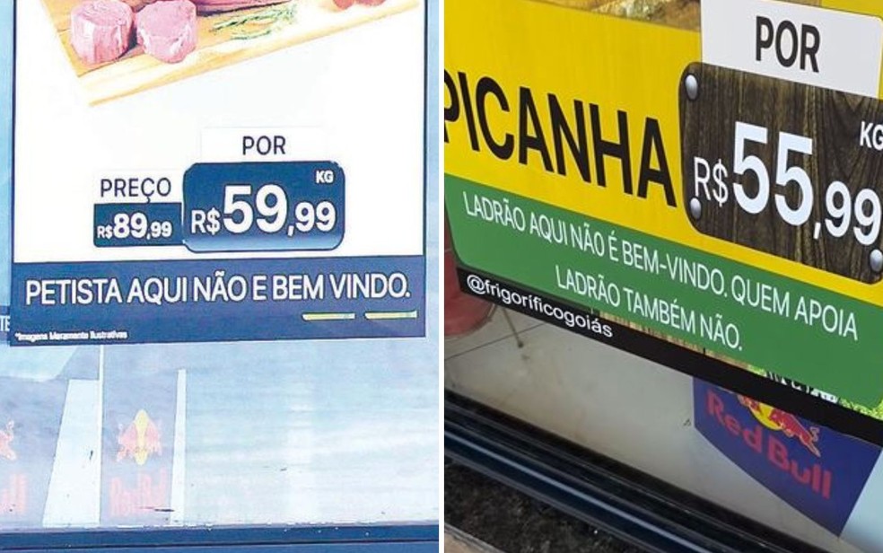 Antigo anúncio (à esquerda) e novo anúncio (à direita), no Frigorífico Goiás — Foto: Fábio Lima/O Popular | Reprodução/Instagram de Frigorífico Goiás