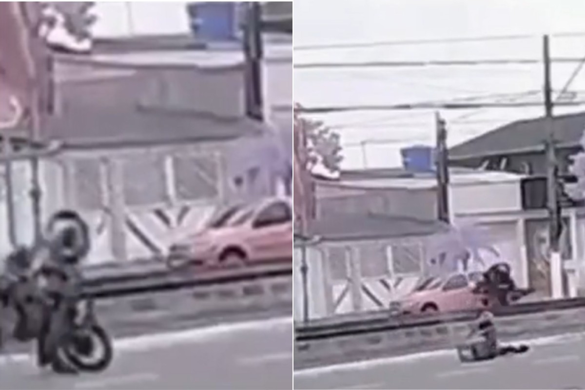 Motociclista perde o controle durante ‘grau’ e veículo cai dentro do canal no litoral de SP; VEJA