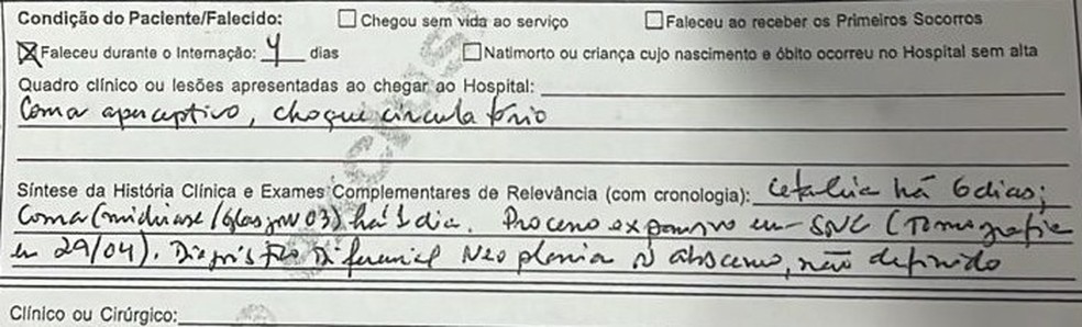 Encaminhamento sobre o corpo de Millena Brandão informa que ela ficou em 'coma' e teve 'choque circulatório' — Foto: Reprodução