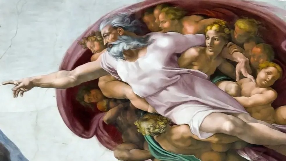 Mulher misteriosa aparece embaixo dos braços de Deus na pintura — Foto: Getty Images via BBC