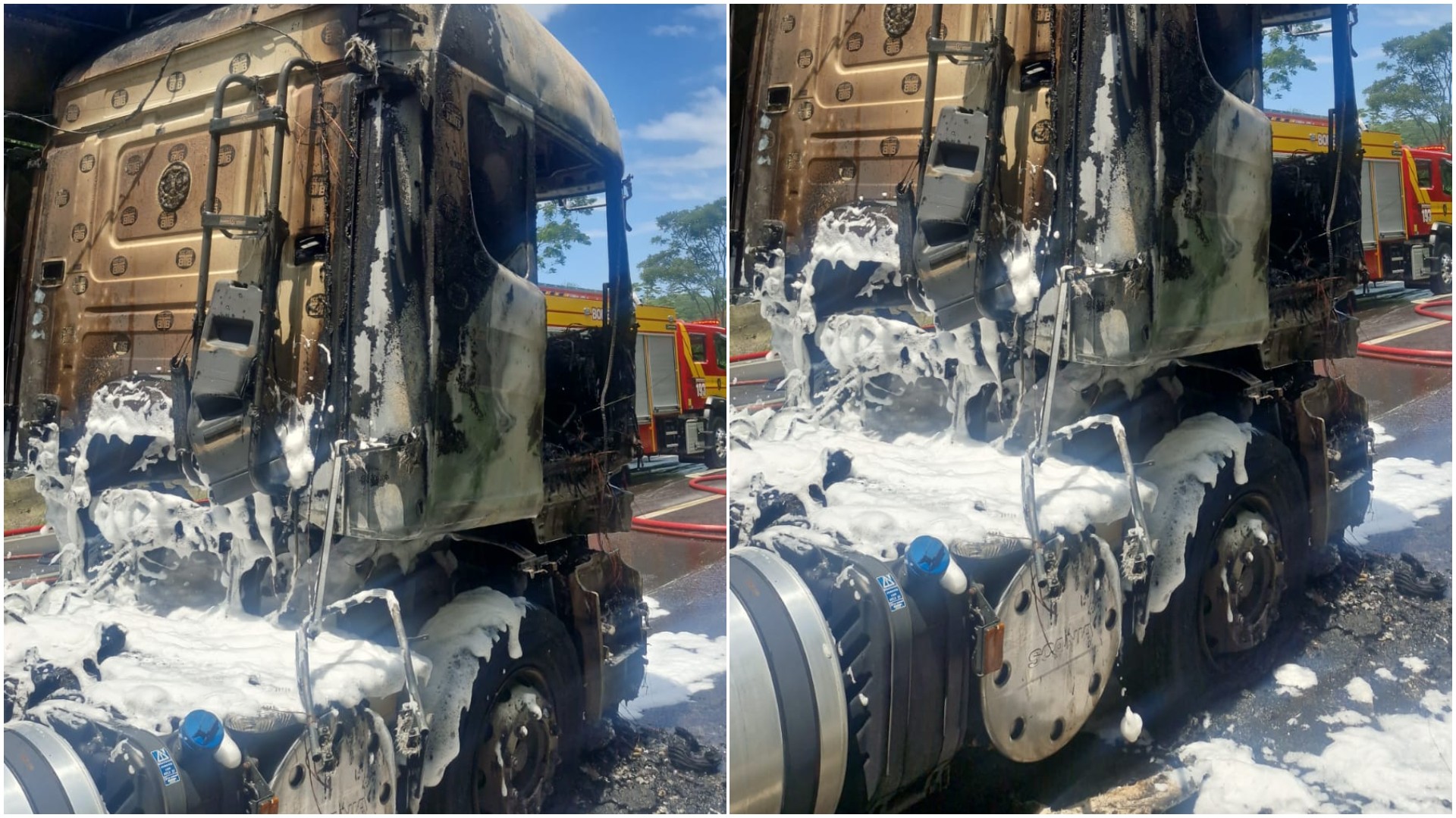 Caminhão-tanque em chamas causa interdição no sentido Sul da BR-101 no Morro do Boi, em SC