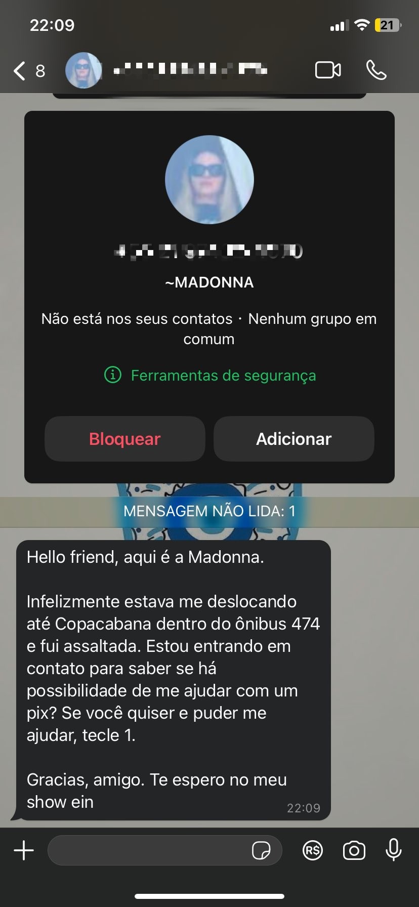 Falso print de Madonna assaltada e pedindo PIX no Rio viraliza; 'estava me deslocando até Copacabana dentro do ônibus', diz mensagem