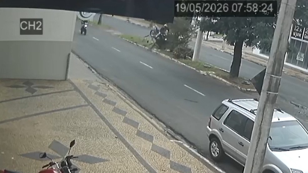 Segundo a Polícia Civil, motociclista perdeu o controle, invadiu canteiro central e colidiu em árvores e poste, em avenida de Penápolis (SP), na manhã desta terça (19) — Foto: Câmeras de segurança/Reprodução
