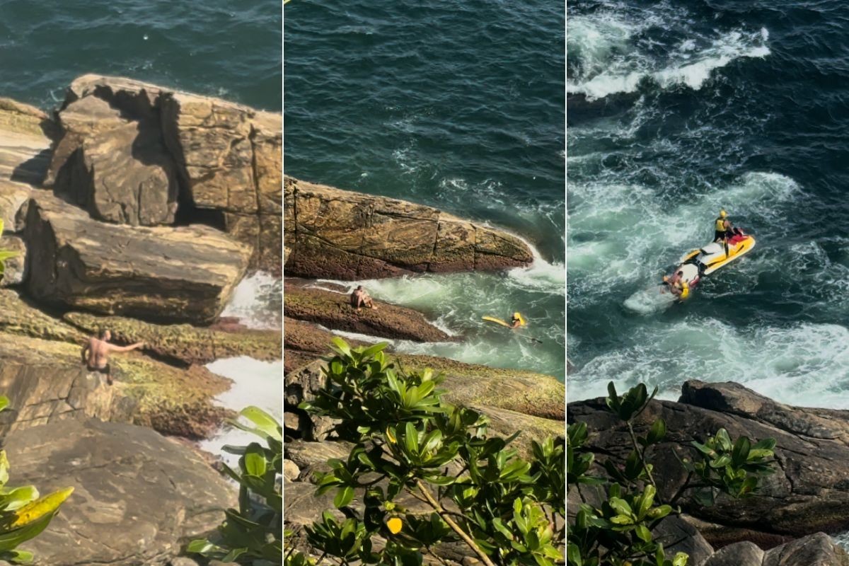 Homem é resgatado após cair de caiaque e ficar preso em pedras no litoral de SP; VÍDEO