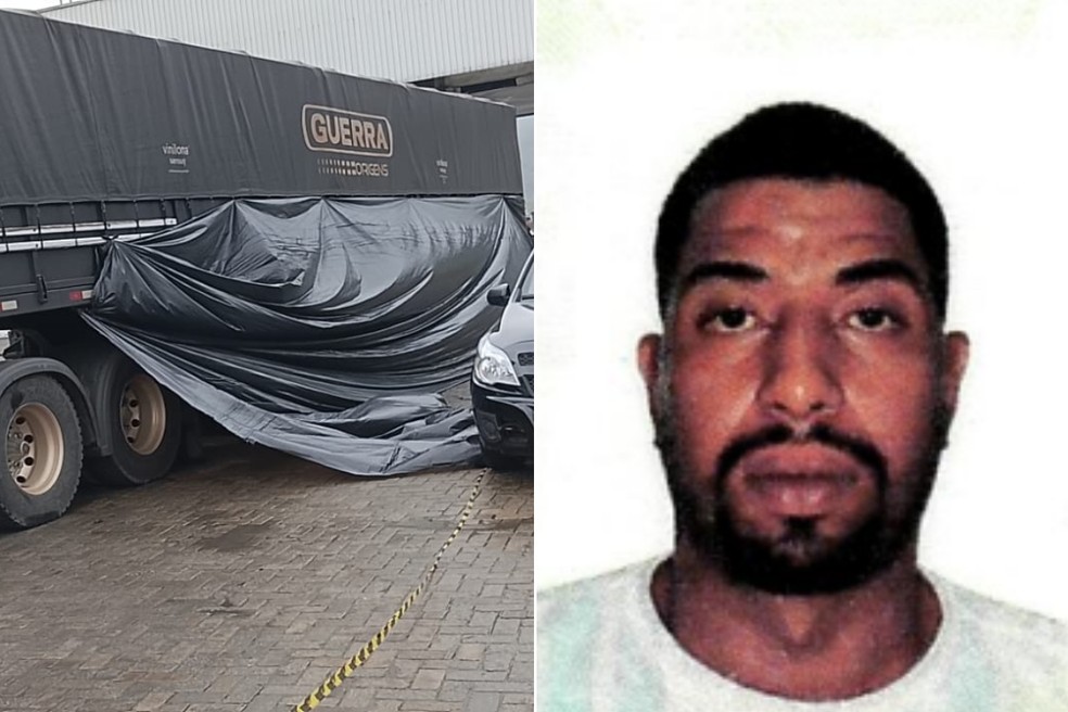 Alef de Jesus Coelho, de 32 anos, foi identificado como o homem encontrado morto embaixo de um caminhão em um pátio de veículos, em Cubatão (SP), — Foto: João Batista Timóteo e Reprodução