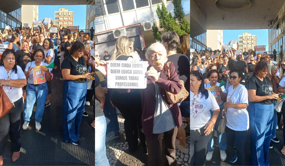 Educadores infantis fazem paralisação e protesto em frente à Prefeitura de Presidente Prudente — Foto: Cristiane Magro/Arquivo Pessoal