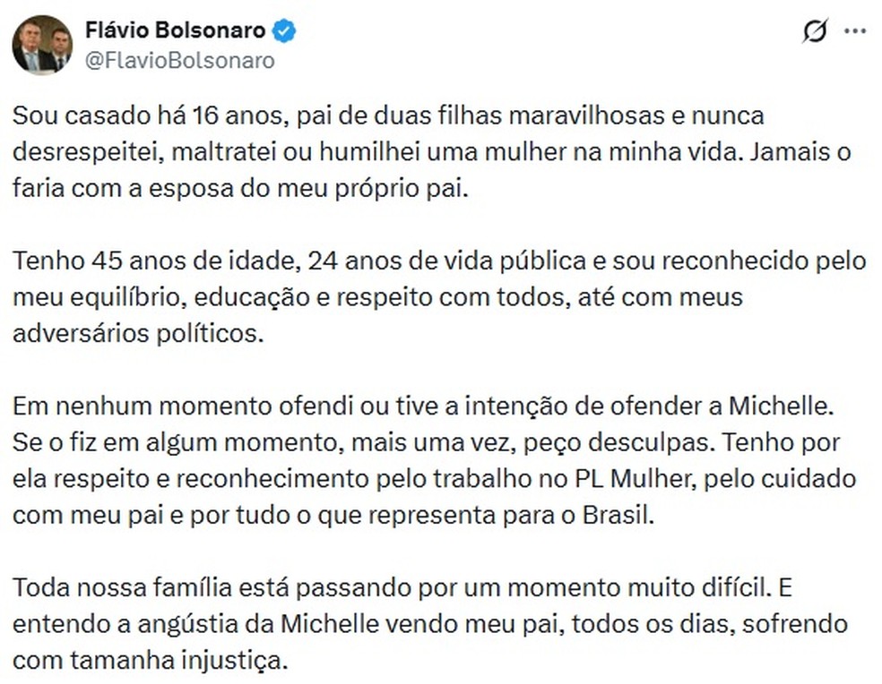 Trecho da publicação feita por Flávio Bolsonaro nas redes sociais — Foto: Reprodução