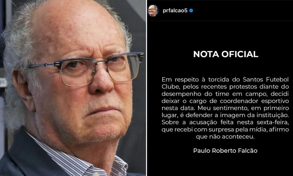 Paulo Roberto Falcão anuncia demissão em respeito à torcida do Santos FC e nega ter cometido importunação sexual — Foto: A Tribuna Jornal e Reprodução/Instagram