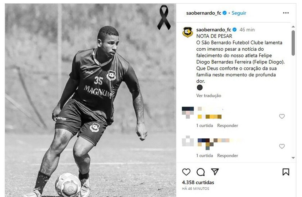 São Bernardo publicou nota de pesar sobre Felipe Diogo nas redes sociais — Foto: Reprodução/Instagram