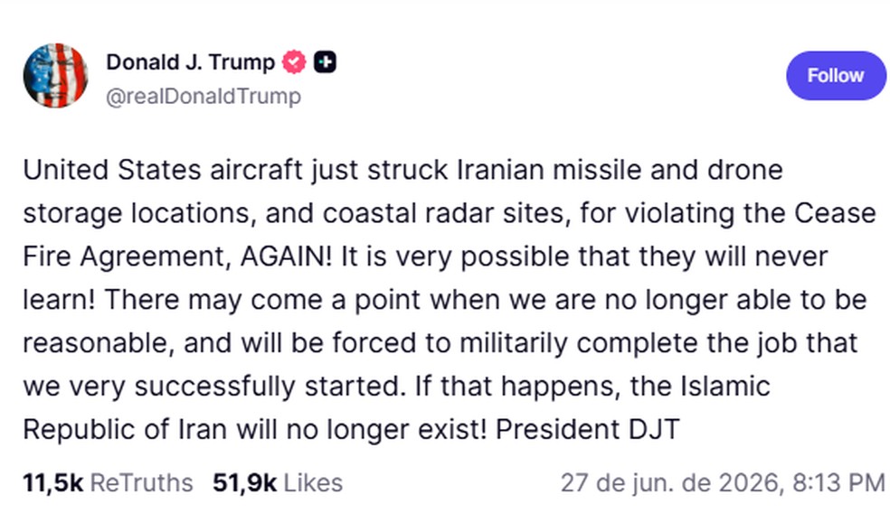 Trump eleva o tom ao mencionar ataques a instalações iranianas e possível escalada militar — Foto: Reprodução/Truth Social