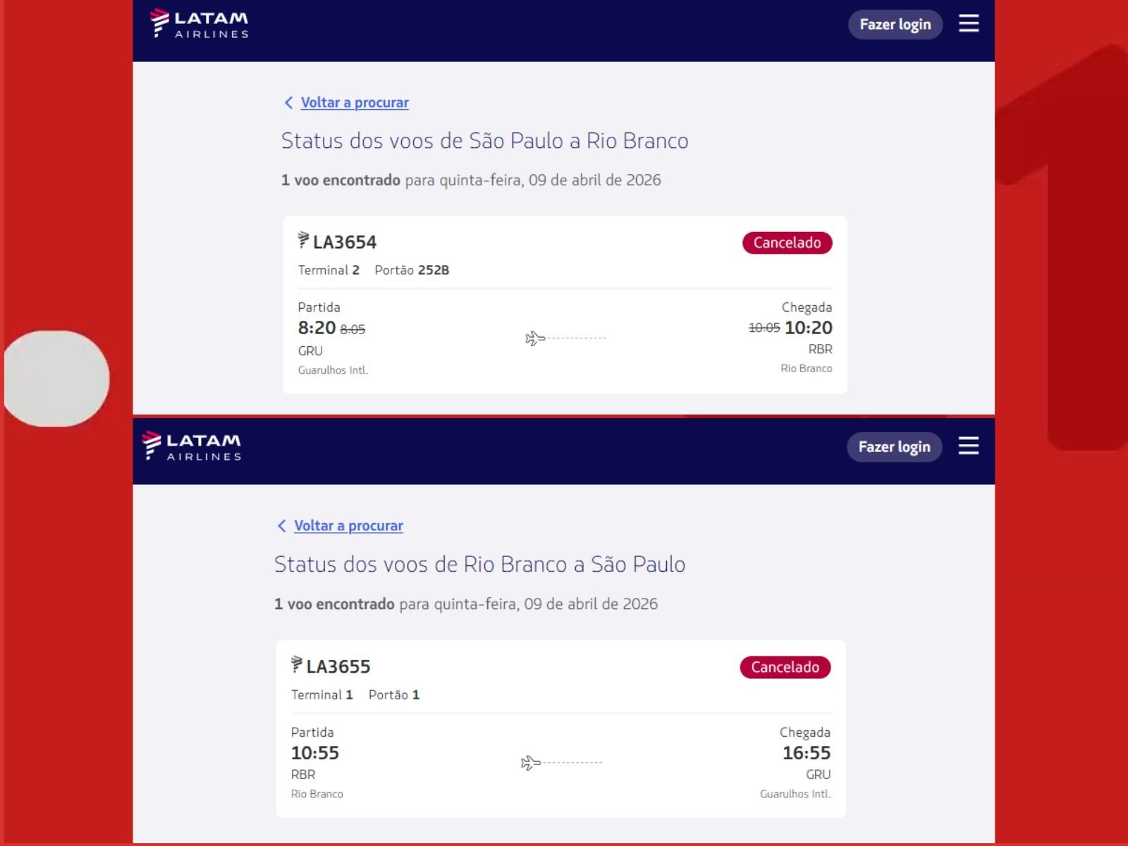 Aeroporto de Rio Branco registra cancelamento de voos após falha geral no controle de tráfego aéreo em SP