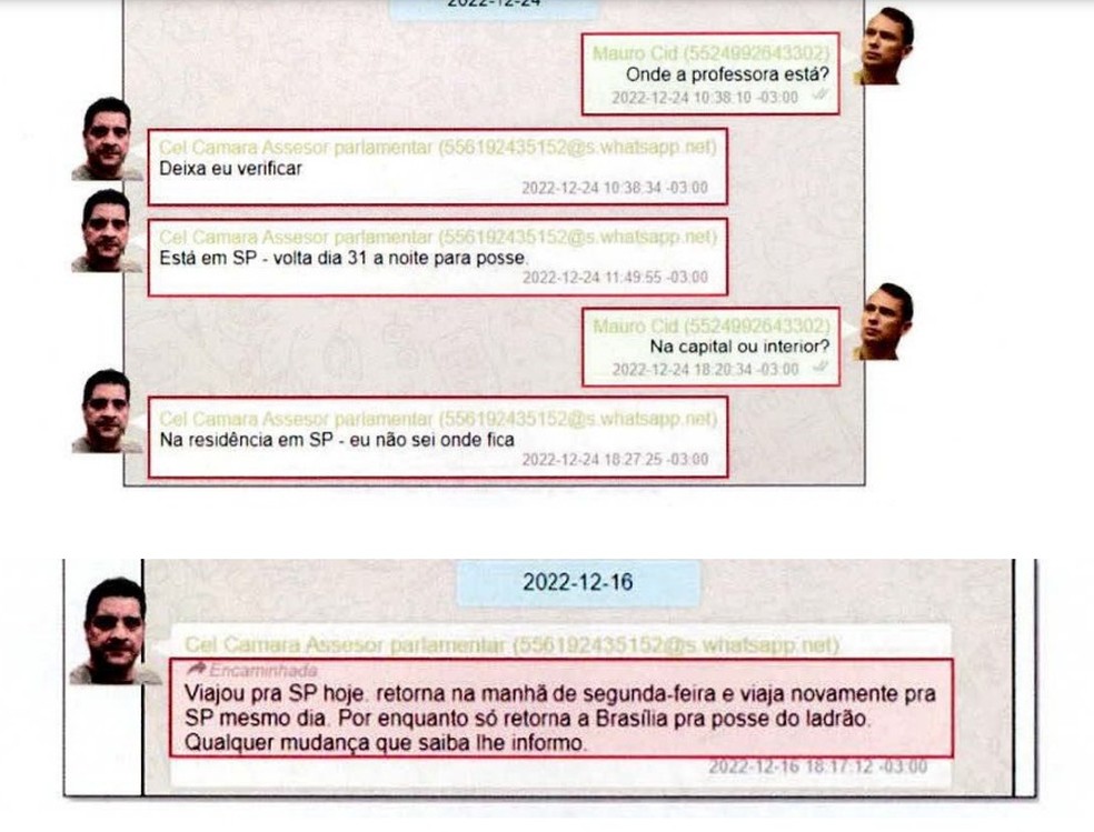 Conversa entre Mauro Cid e Marcelo Câmara sobre monitoramento de Alexandre de Moraes — Foto: PF/Reprodução