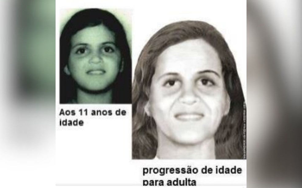 Progressão de idade de Rosana Ferrari Pandim, que desapareceu em Goiânia — Foto: Reprodução/Interpol
