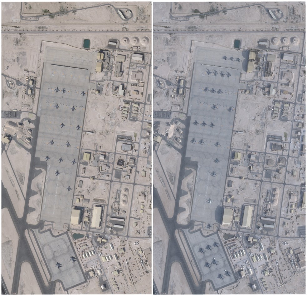Combinação de imagens de satélite mostra aumento no número de aeronaves na Base Aérea de Al-Udeid, perto de Doha, no Catar, entre 17 de janeiro de 2026 e 1º de fevereiro de 2026 — Foto: PLANET LABS PBC/Handout via REUTERS