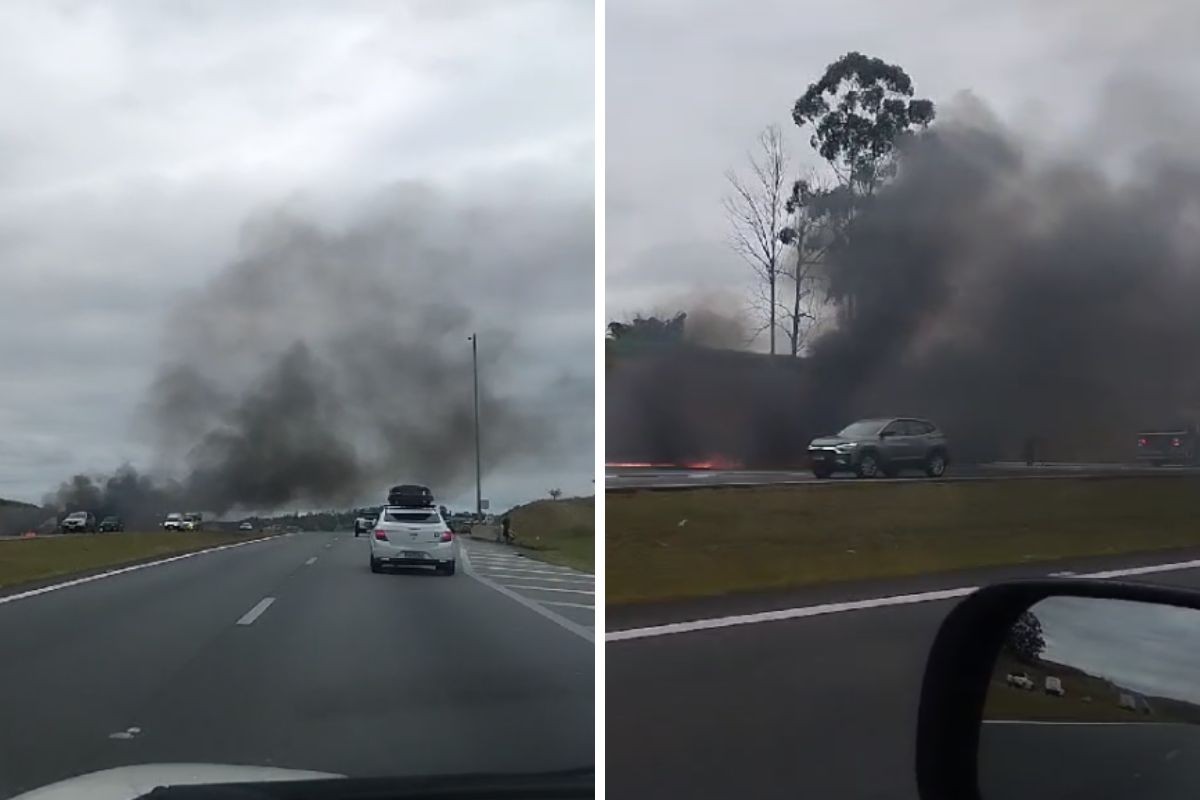 Caminhão pega fogo na Rodovia Carvalho Pinto e fumaça cobre parte da pista em São José dos Campos; veja vídeo