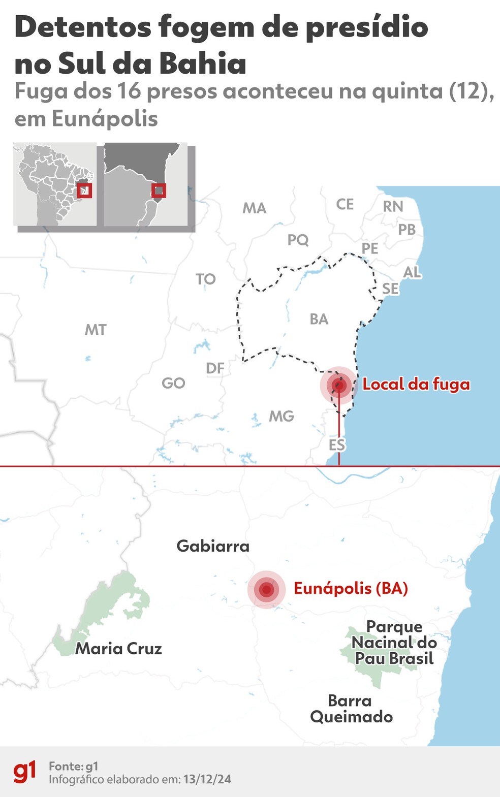 Mapa mostra onde foi a fuga de detentos no Sul da Bahia — Foto: Arte g1