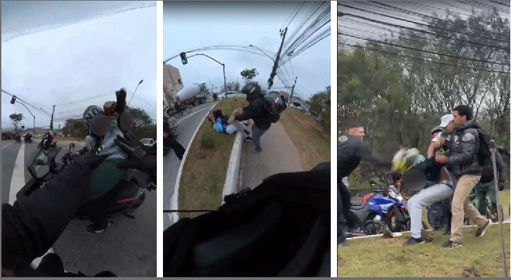 Vídeo mostra mulher brigando com ladrões de moto, pedestre dando 'mata-leão' em criminoso e motoclistas agredindo bandido