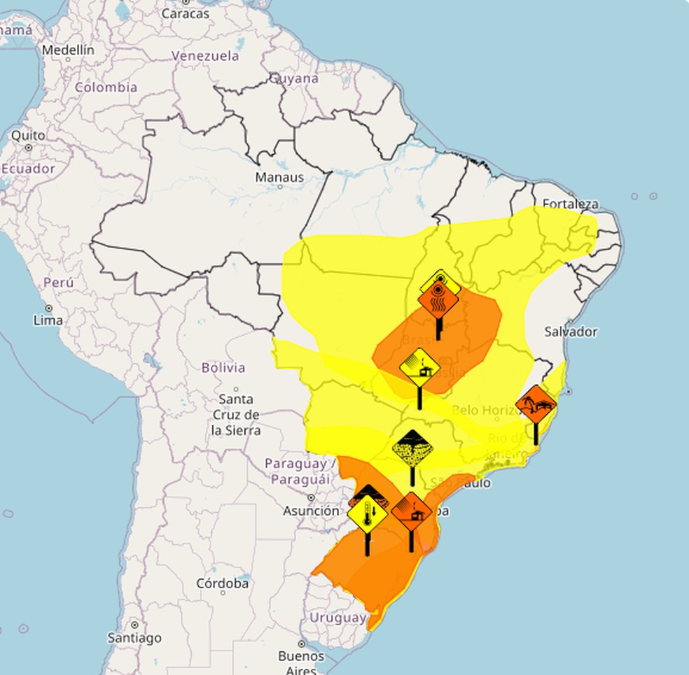 Avisos do Inmet para todo o Brasil nesta sexta-feira (07). — Foto: Inmet/Reprodução