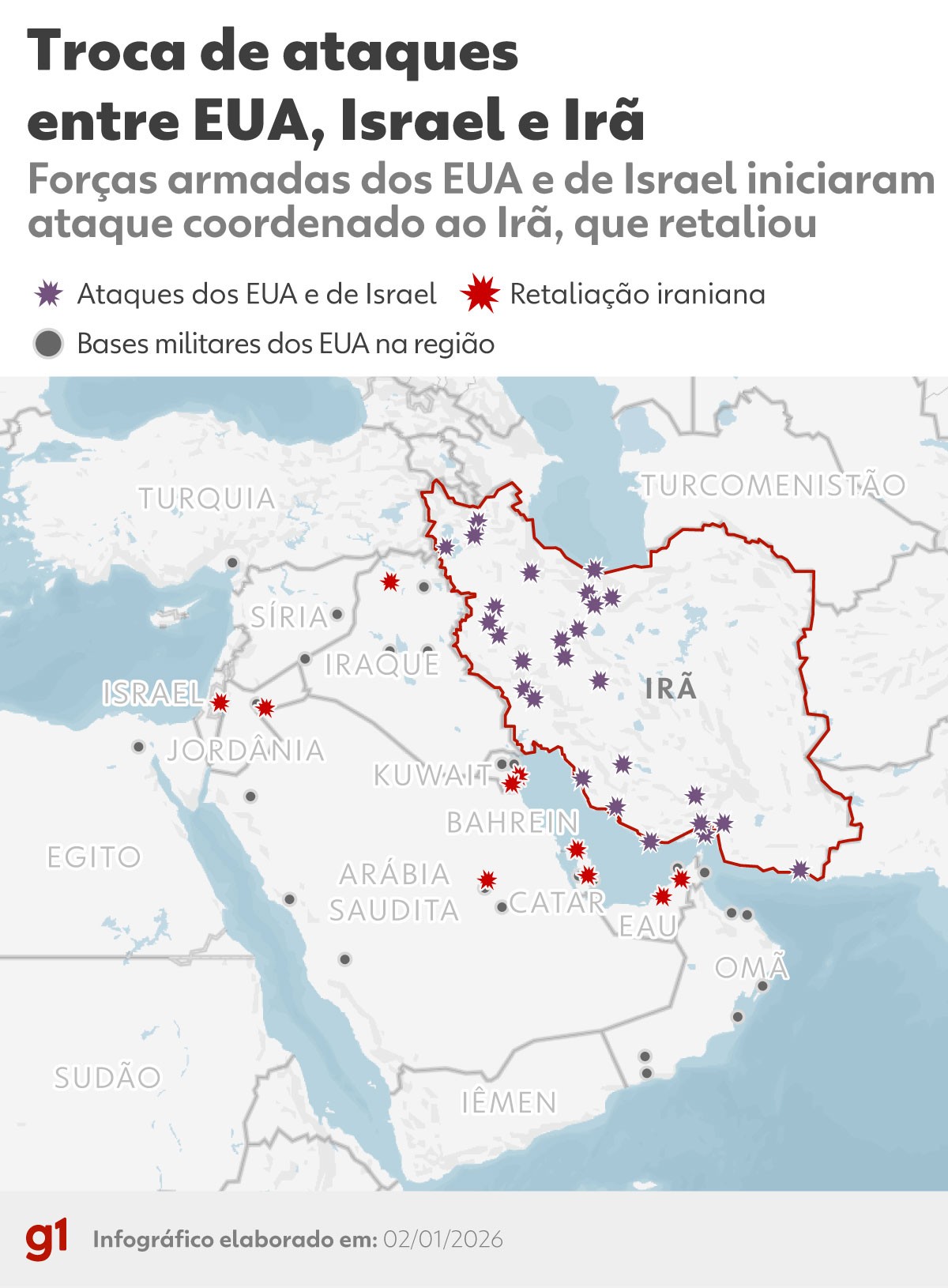 INFOGRÁFICO: veja mapa com a troca de ataques entre EUA, Israel e Irã 