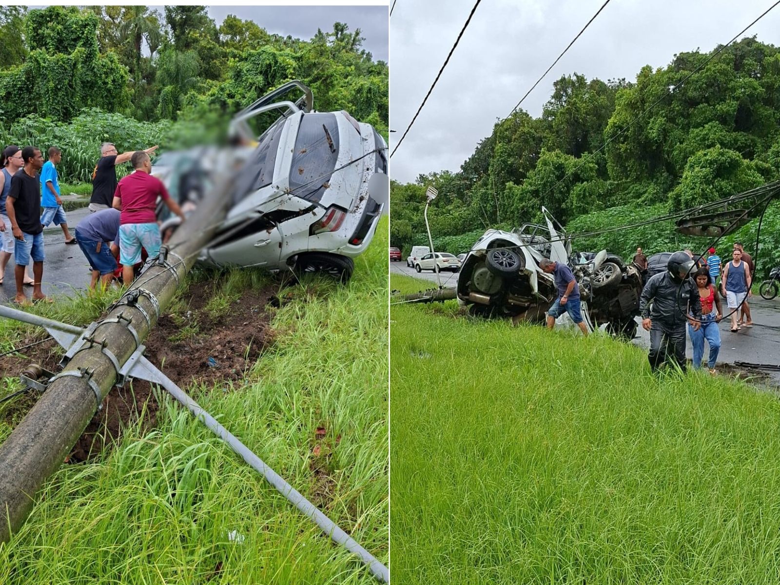 Poste cai sobre carro no litoral de SP e vítimas são retiradas inconscientes das ferragens