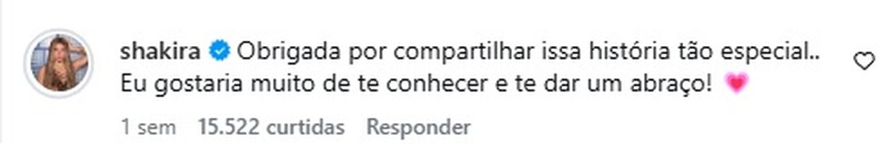 Cantora Shakira respondeu relato de fã do Rio de Janeiro — Foto: Reprodução/ Instagram