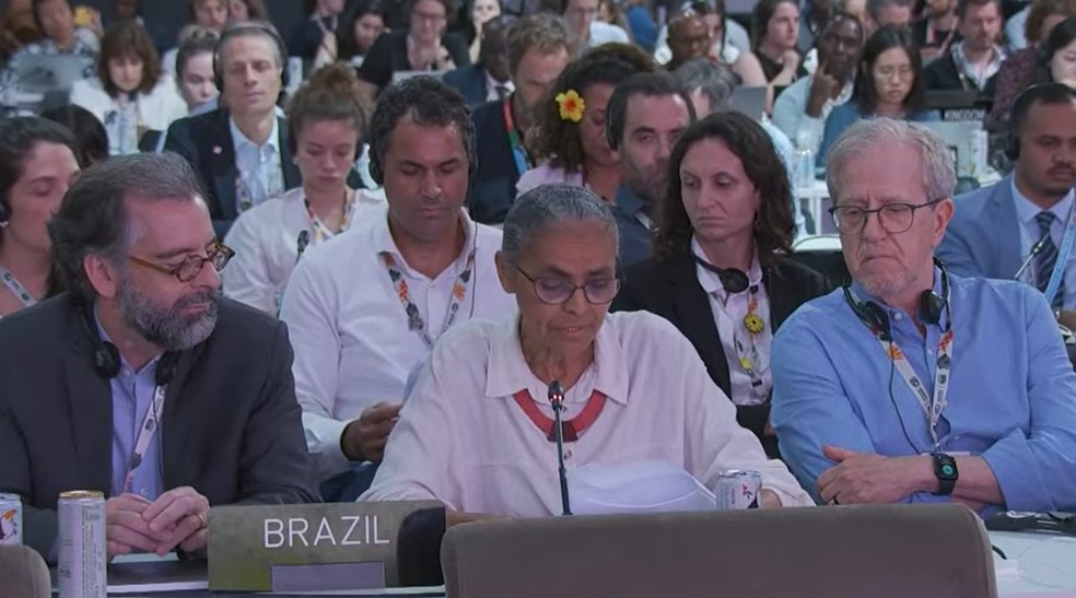 Marina Silva, ministra do Meio Ambiente, discursa na plenária final da COP30 — Foto: Reprodução