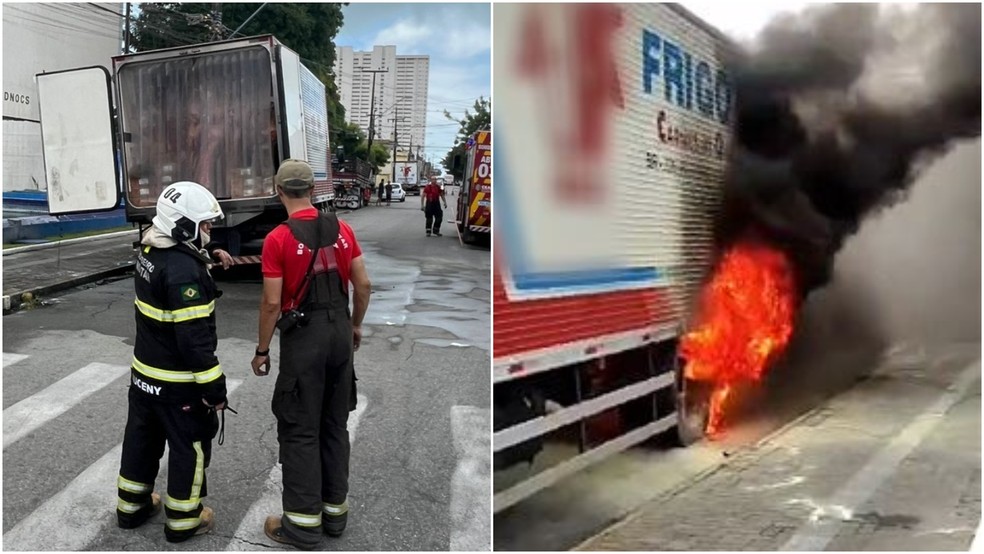 Caminhão de frigorífico pega fogo no Centro de Fortaleza após ser atingido por cabo energizado que se partiu após eletrocutar pássaro. — Foto: Corpo de Bombeiros/ Reprodução