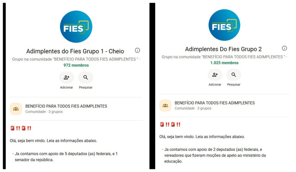 O movimento "Adimplentes do Fies" reúne mais de 2 mil participantes em grupos de WhatsApp — Foto: Reprodução
