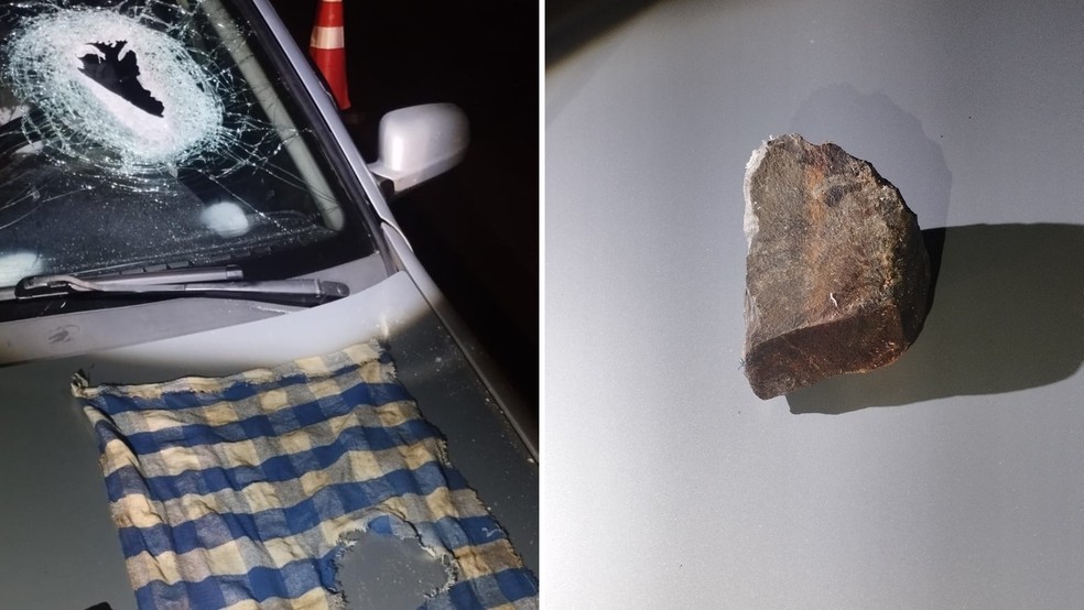 Pedra atravessou para-brisa e matou motorista em Pontalinda (SP) — Foto: Polícia Rodoviária/Divulgação