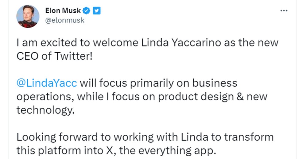 Elon Musk divulga que Linda é a nova CEO do Twitter — Foto: Twitter/Reprodução