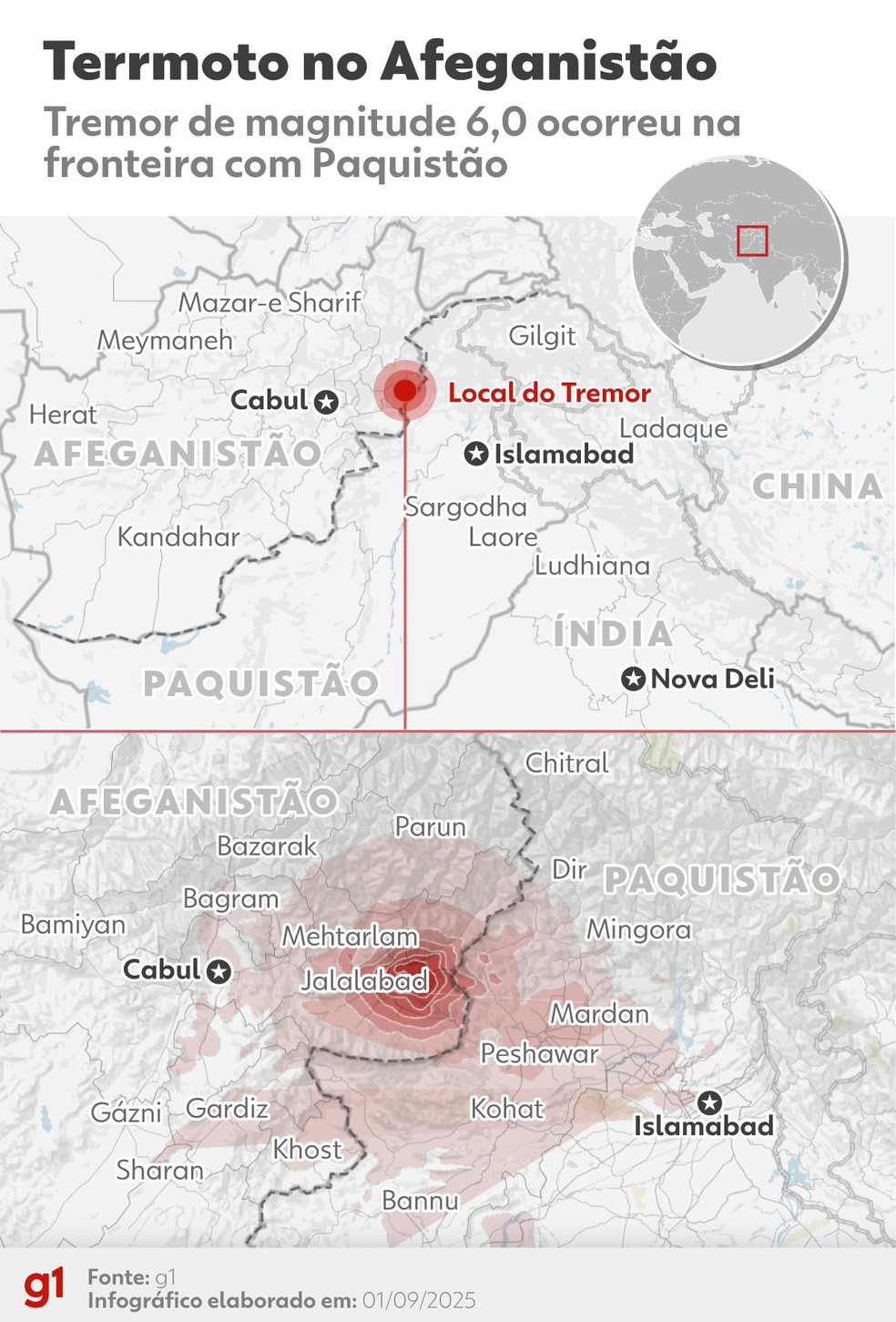 Mapa mostra região atingida por terremoto de magnitude 6,0, em 1º de setembro de 2025. — Foto: arte/ g1