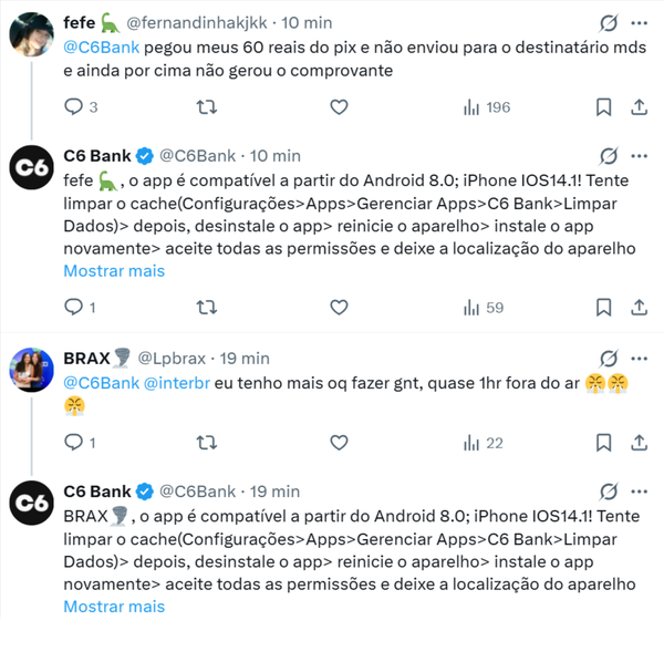 Usuários relatam instabilidade em aplicativos de bancos nas redes sociais — Foto: Reprodução/X