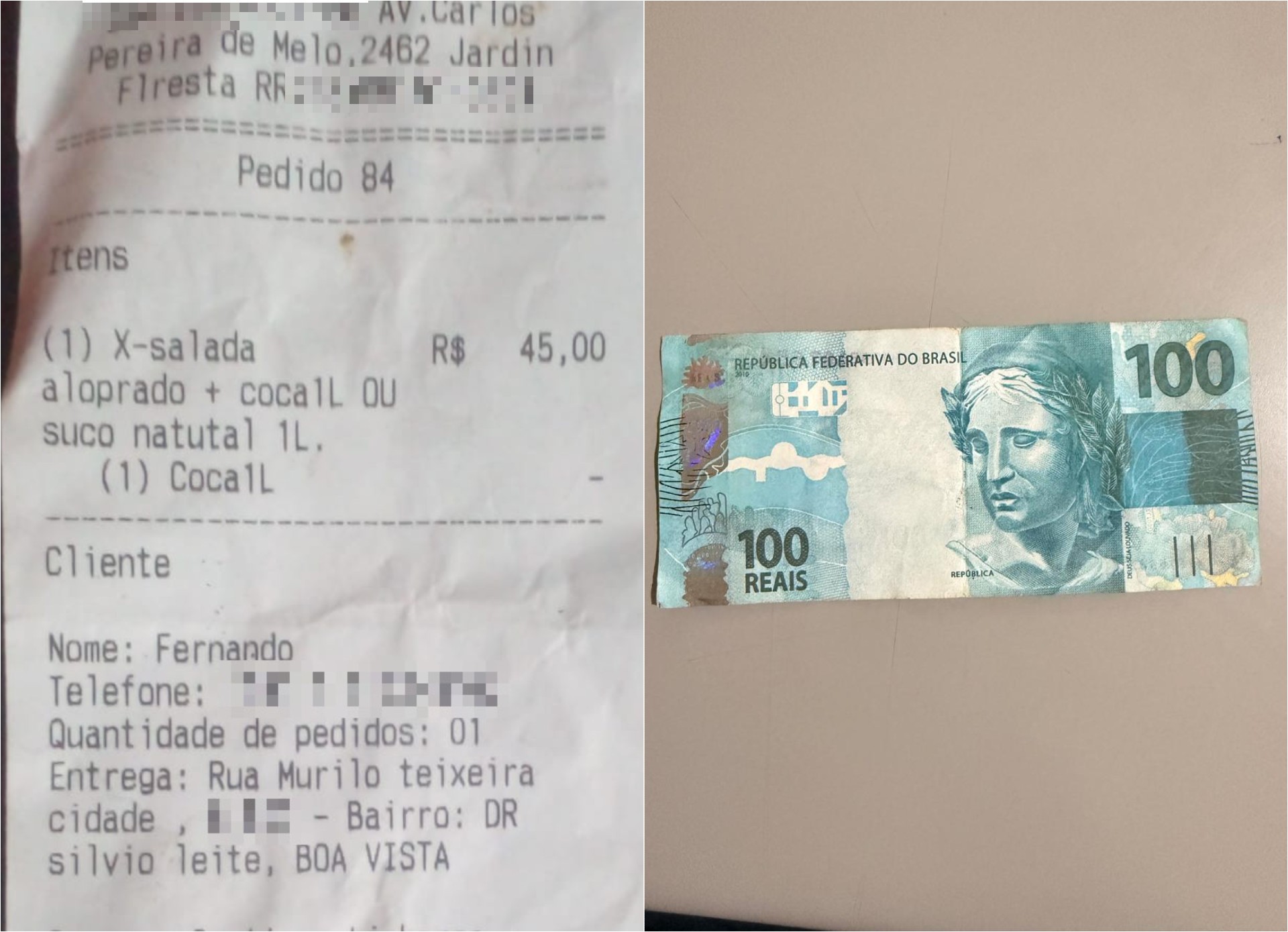 Homem usa nota falsa de R$ 100 para pagar lanche por delivery em Boa Vista