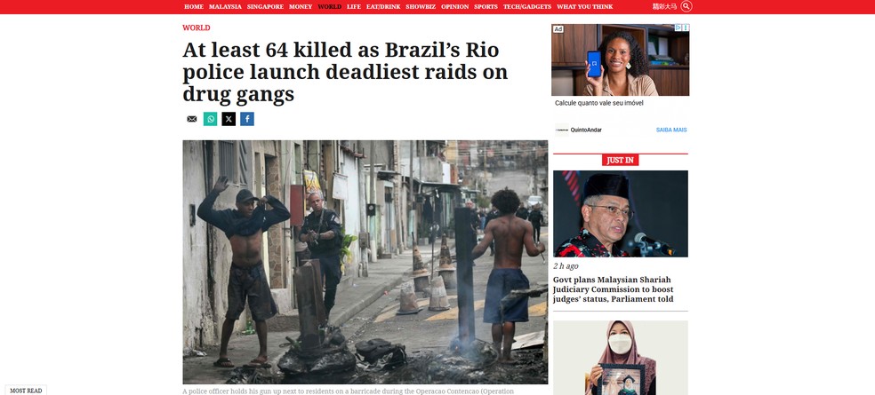 Reprodução de matéria do jornal Malay Mail, da Malásia, sobre a megaoperação contra o Comando Vermelho no Rio de Janeiro em 29 de outubro de 2025. — Foto: Reprodução