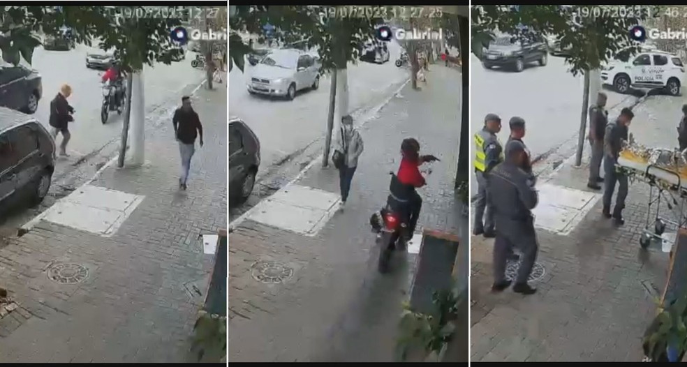 Câmeras de segurança mostraram ação do bandido e depois socorro à vítima — Foto: Reprodução/TV Globo