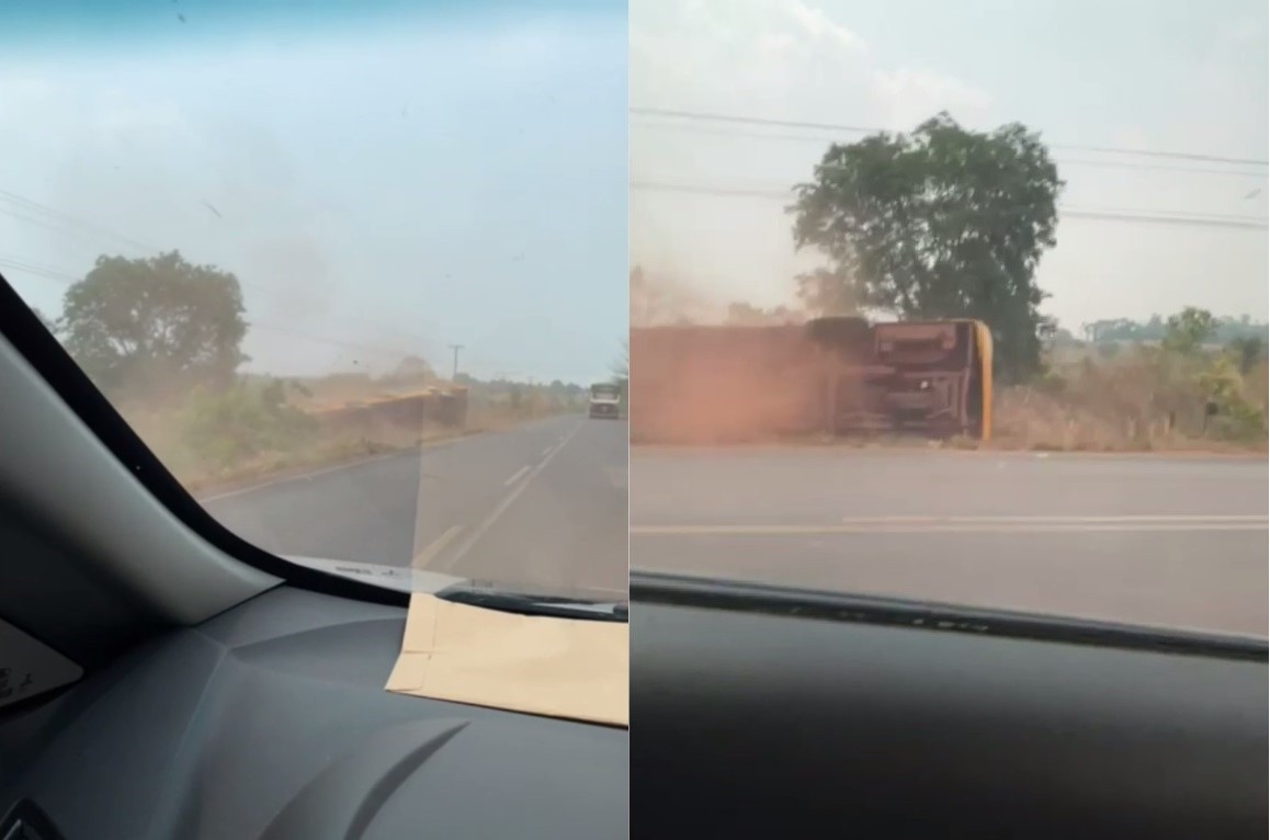 VÍDEO: Ônibus escolar com 36 alunos tomba na RO 010 em Rolim de Moura, RO