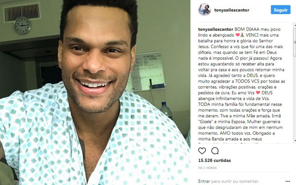 Na &eacute;poca, cantor Tony Salles comemorou recupera&ccedil;&atilde;o nas redes sociais &mdash; Foto: Reprodu&ccedil;&atilde;o/Intagram