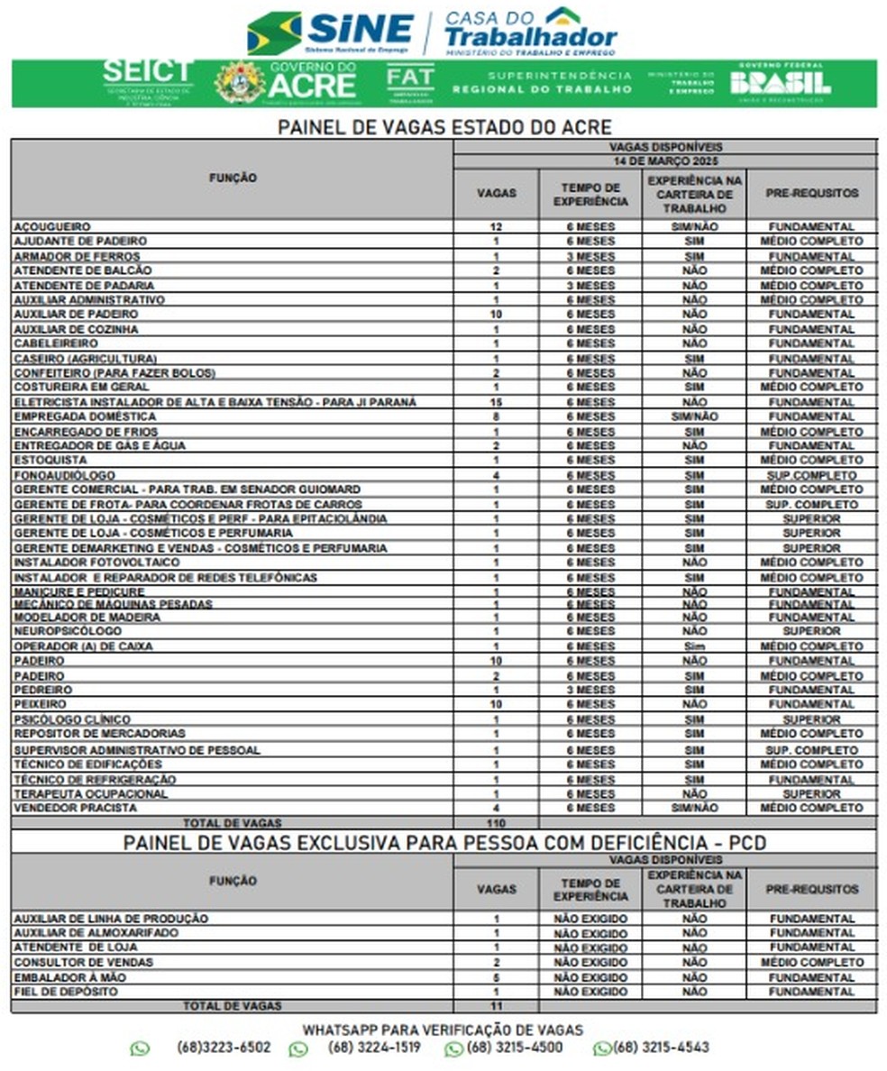 Sine oferece 121 vagas no Acre — Foto: Arquivo pessoal