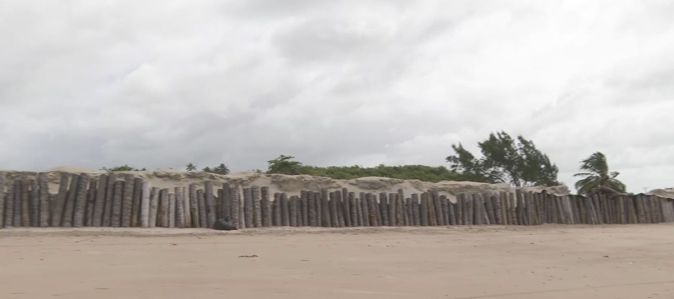Muro construído no Pontal de Maracaípe, no Litoral Sul de Pernambuco — Foto: Reprodução/TV Globo