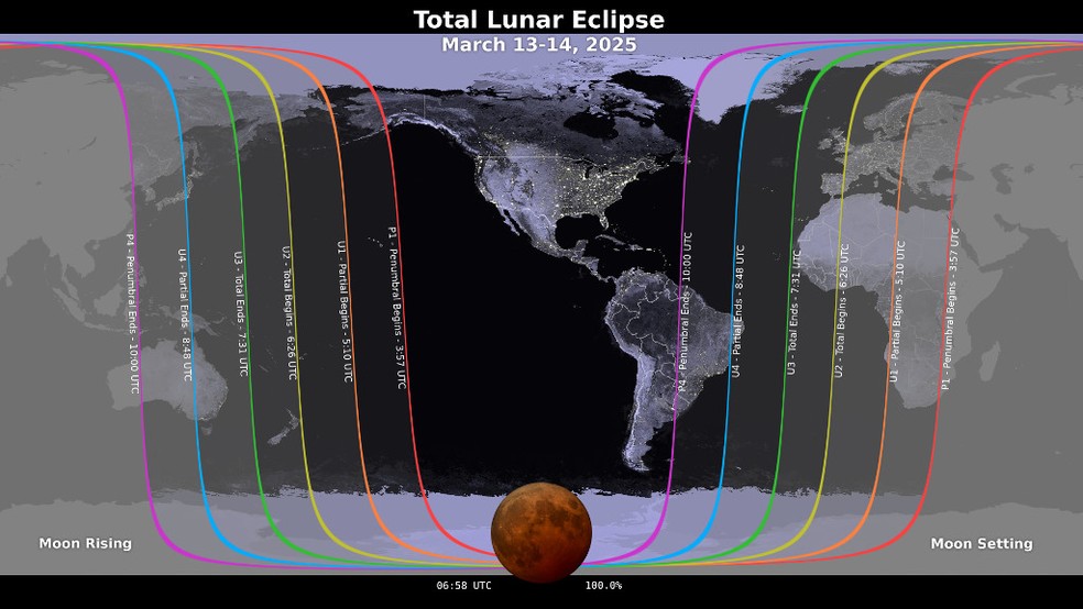 Mapa da Nasa mostra as regiões onde o eclipse lunar de 13 para 14 de março de 2025 será visível. — Foto: Nasa