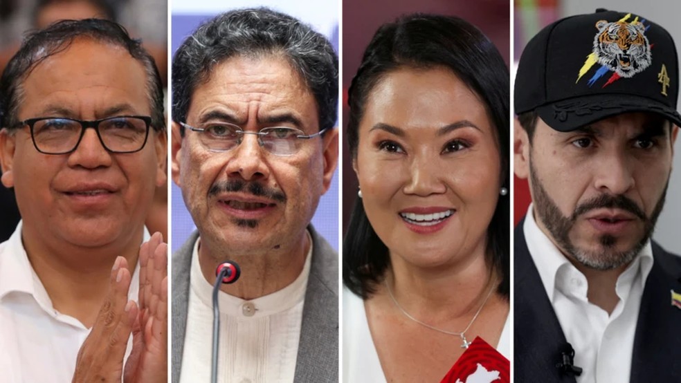 Derrotados nas urnas, os esquerdistas Sanchéz (Peru) e Cepeda (Colômbia) levantaram acusações de fraude e ameaçaram não reconhecer as vitórias de Keijo Fujimori e Abelardo de la Espriella — Foto: Reuters e EPA via BBC